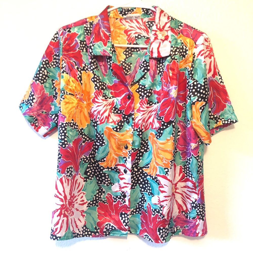 Vintage Retro 80’s multi color print Hawaiian top shirt blouse
